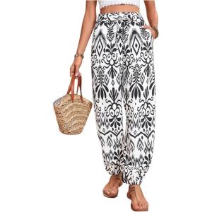 imageMakeMeChic Womens Summer Beach Tropical Printed Pants Hawaiian Palazzo Jogger Pant High Waist TrousersBlack and White