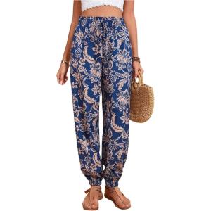 imageMakeMeChic Womens Summer Beach Tropical Printed Pants Hawaiian Palazzo Jogger Pant High Waist TrousersBlue
