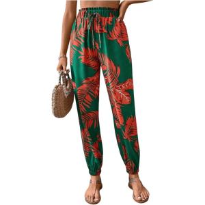 imageMakeMeChic Womens Summer Beach Tropical Printed Pants Hawaiian Palazzo Jogger Pant High Waist TrousersGreen
