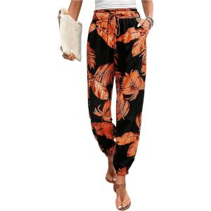 imageMakeMeChic Womens Summer Beach Tropical Printed Pants Hawaiian Palazzo Jogger Pant High Waist TrousersOrange