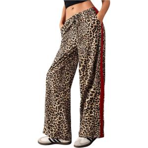 imageMakeMeChic Womens Womens Leopard Pants Side Stripe Cheetah Print Sweatpants Y2K Elastic Waist Straight Leg PantsBrown and Red