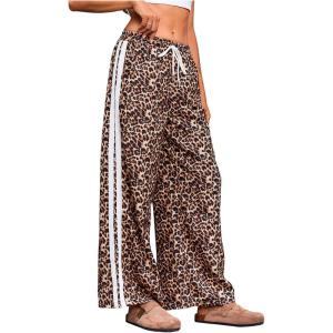 imageMakeMeChic Womens Womens Leopard Pants Side Stripe Cheetah Print Sweatpants Y2K Elastic Waist Straight Leg PantsMulticolor Brown