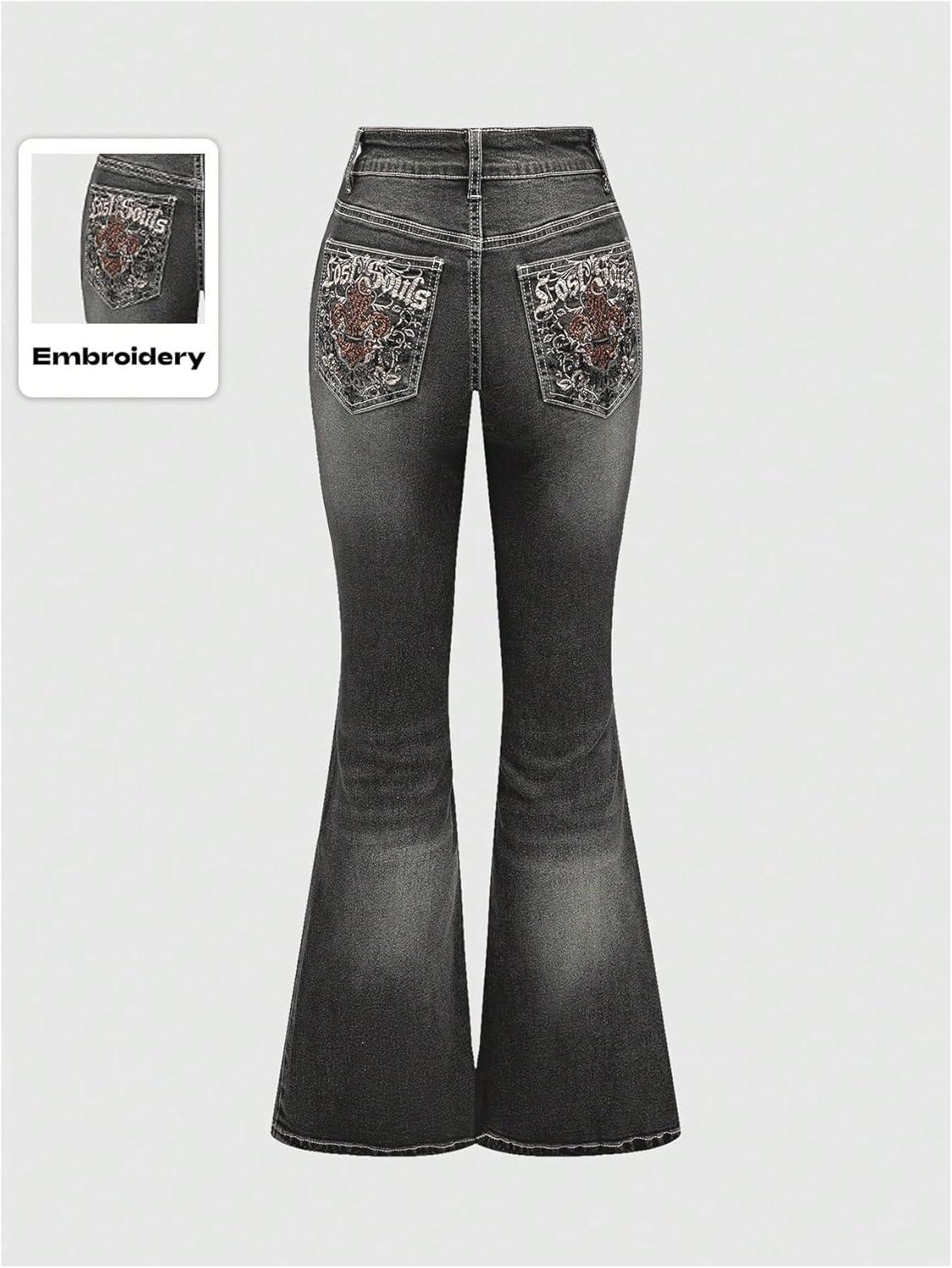 imageMakeMeChic Womens Bell Bottom Jeans Flare Jeans Embroidered Y2K High Waist PantsBlack
