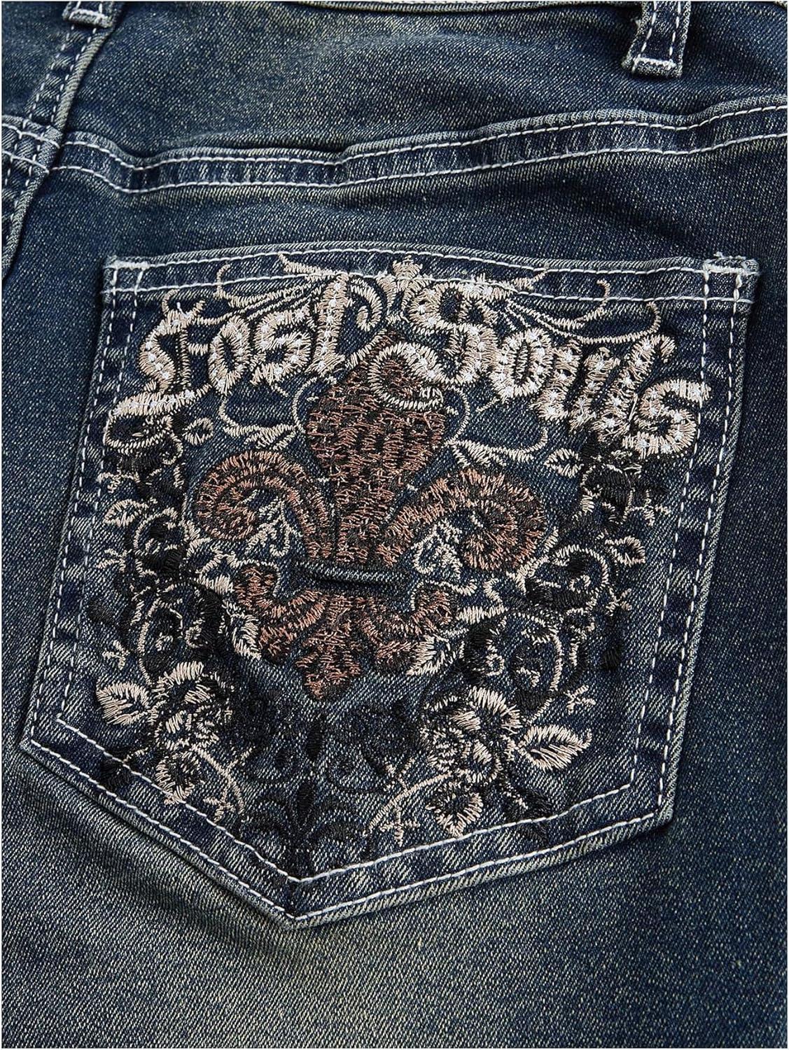 imageMakeMeChic Womens Bell Bottom Jeans Flare Jeans Embroidered Y2K High Waist PantsBlue