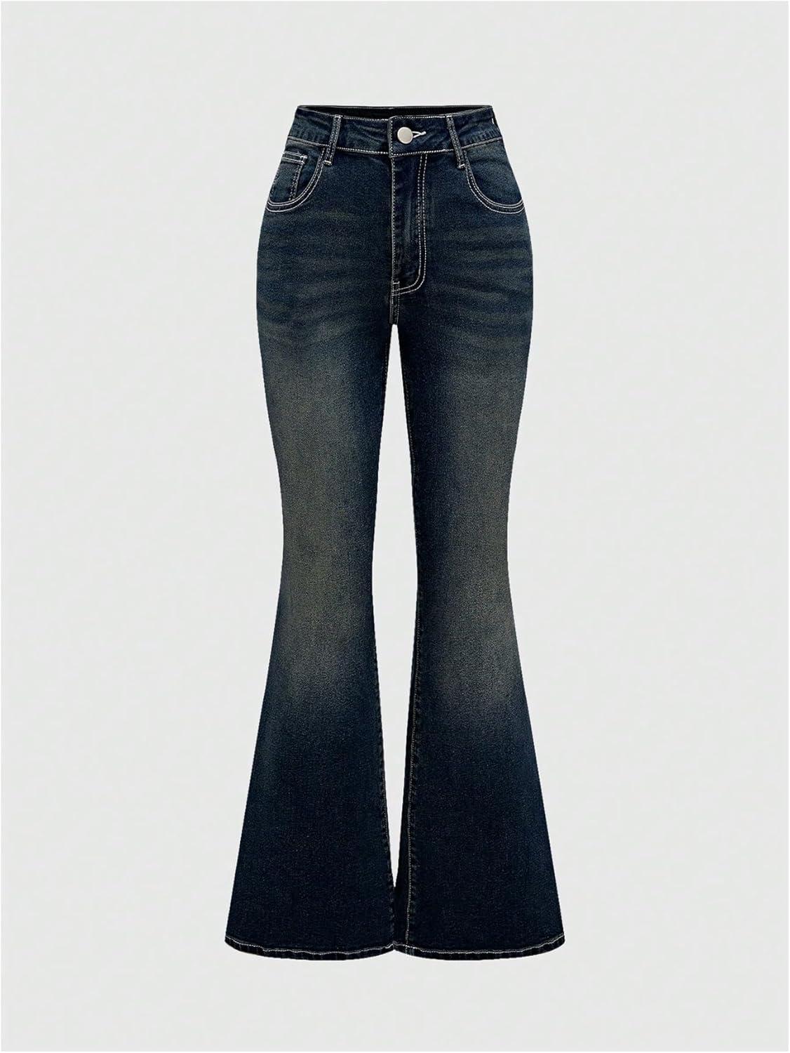 imageMakeMeChic Womens Bell Bottom Jeans Flare Jeans Embroidered Y2K High Waist PantsBlue