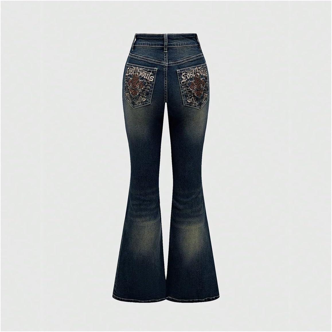imageMakeMeChic Womens Bell Bottom Jeans Flare Jeans Embroidered Y2K High Waist PantsBlue