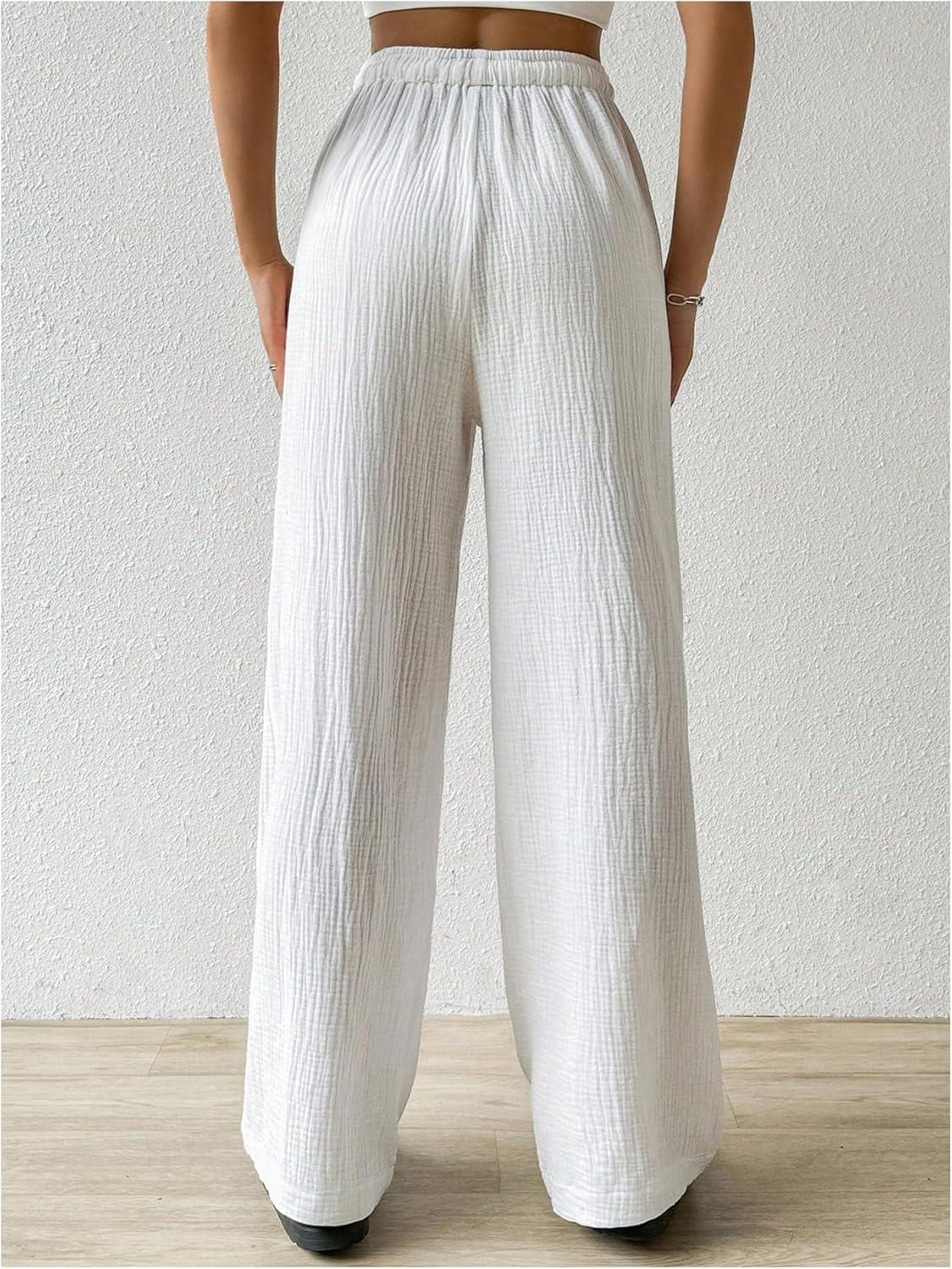 imageMakeMeChic Womens Casual Drawstring Pants Elastic High Waist Loose Baggy Wide Leg PantsWhite