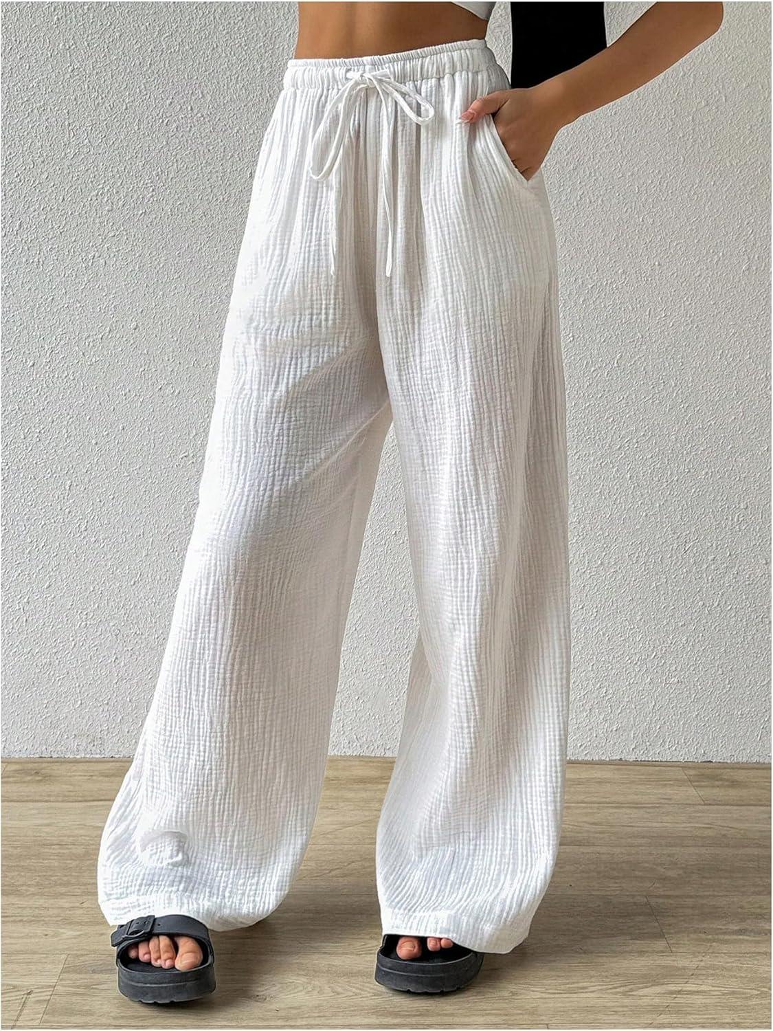 imageMakeMeChic Womens Casual Drawstring Pants Elastic High Waist Loose Baggy Wide Leg PantsWhite