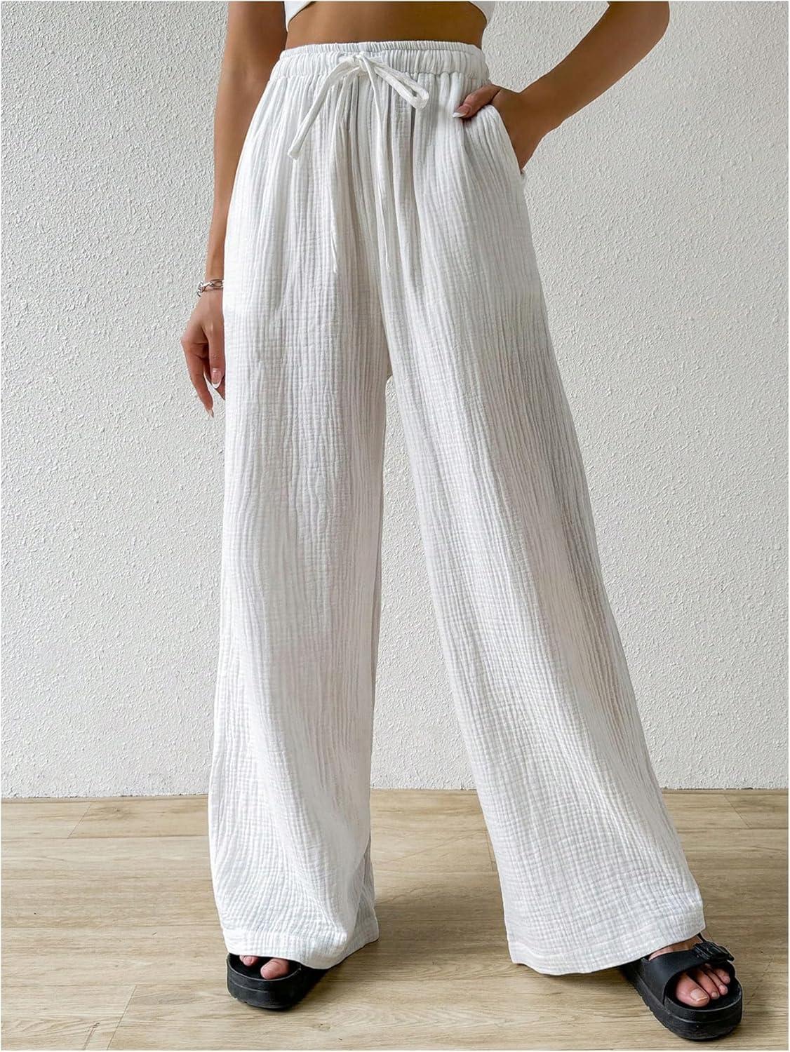 imageMakeMeChic Womens Casual Drawstring Pants Elastic High Waist Loose Baggy Wide Leg PantsWhite