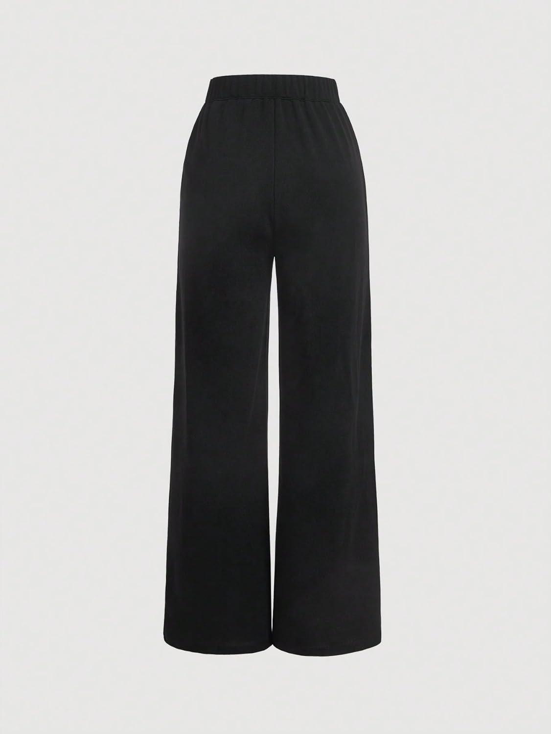 imageMakeMeChic Womens Casual Elastic Waist Wide Leg Button Straight Loose Pants Palazzo TrousersBlack