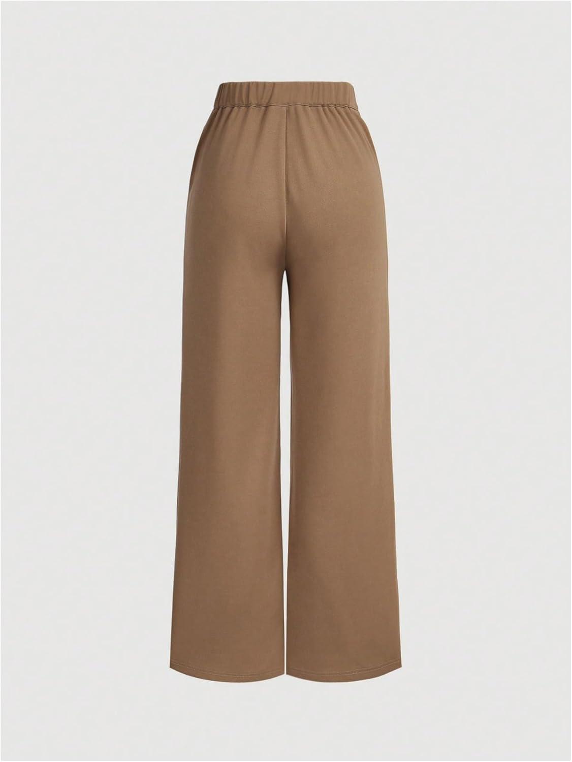 imageMakeMeChic Womens Casual Elastic Waist Wide Leg Button Straight Loose Pants Palazzo TrousersKhaki