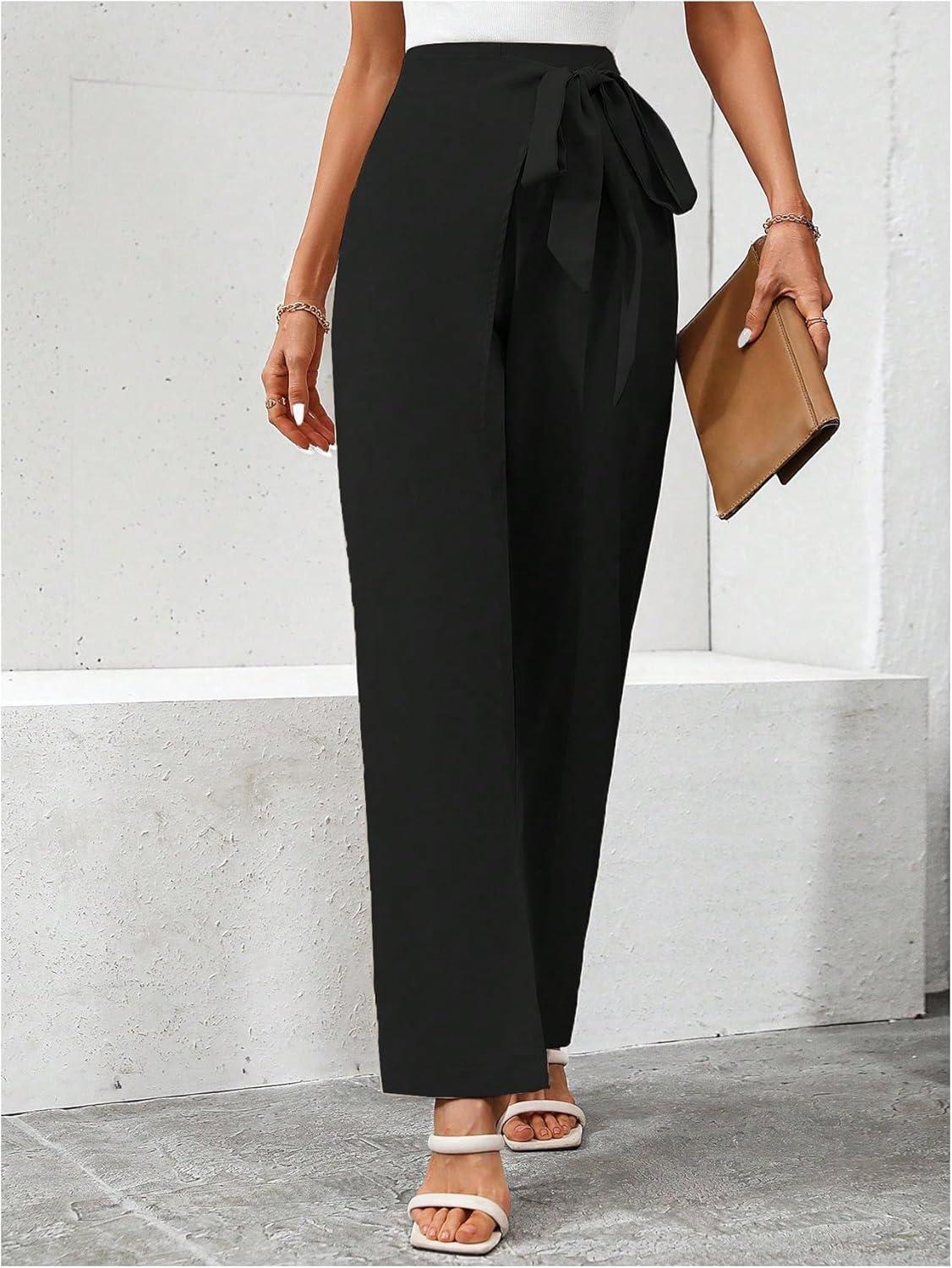 imageMakeMeChic Womens High Waist Trousers Straight Leg Bow Knot Work Office Suit PantsBlack