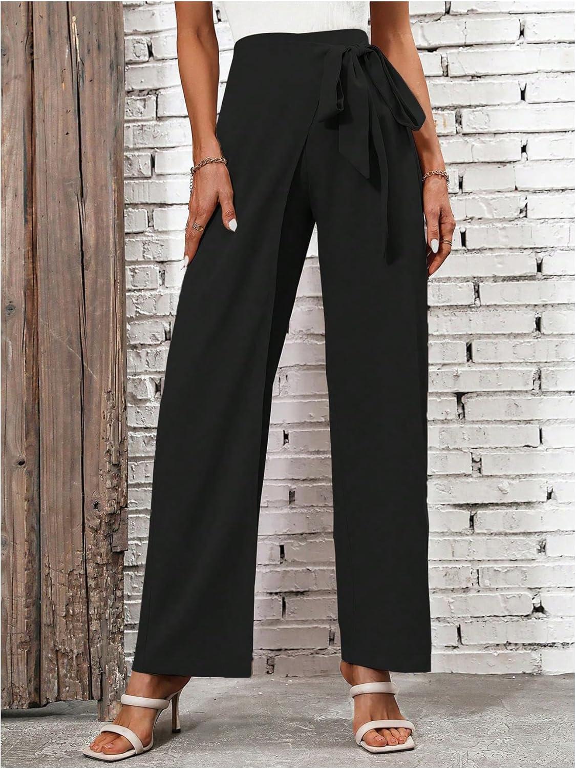 imageMakeMeChic Womens High Waist Trousers Straight Leg Bow Knot Work Office Suit PantsBlack