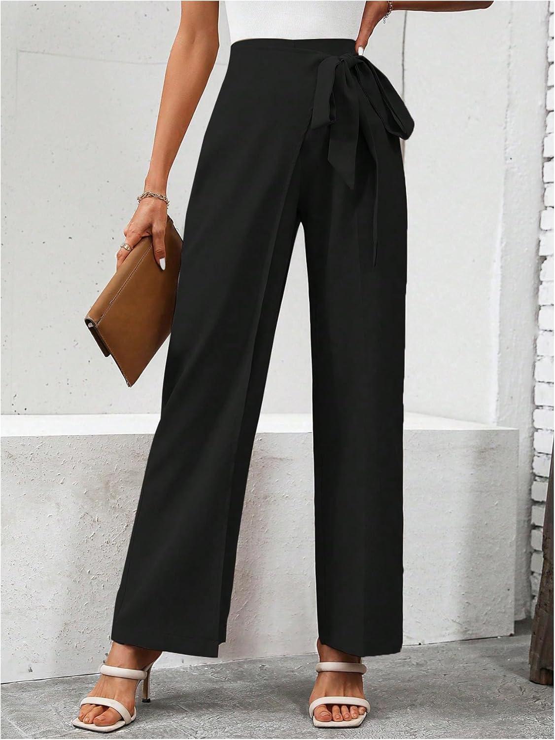 imageMakeMeChic Womens High Waist Trousers Straight Leg Bow Knot Work Office Suit PantsBlack