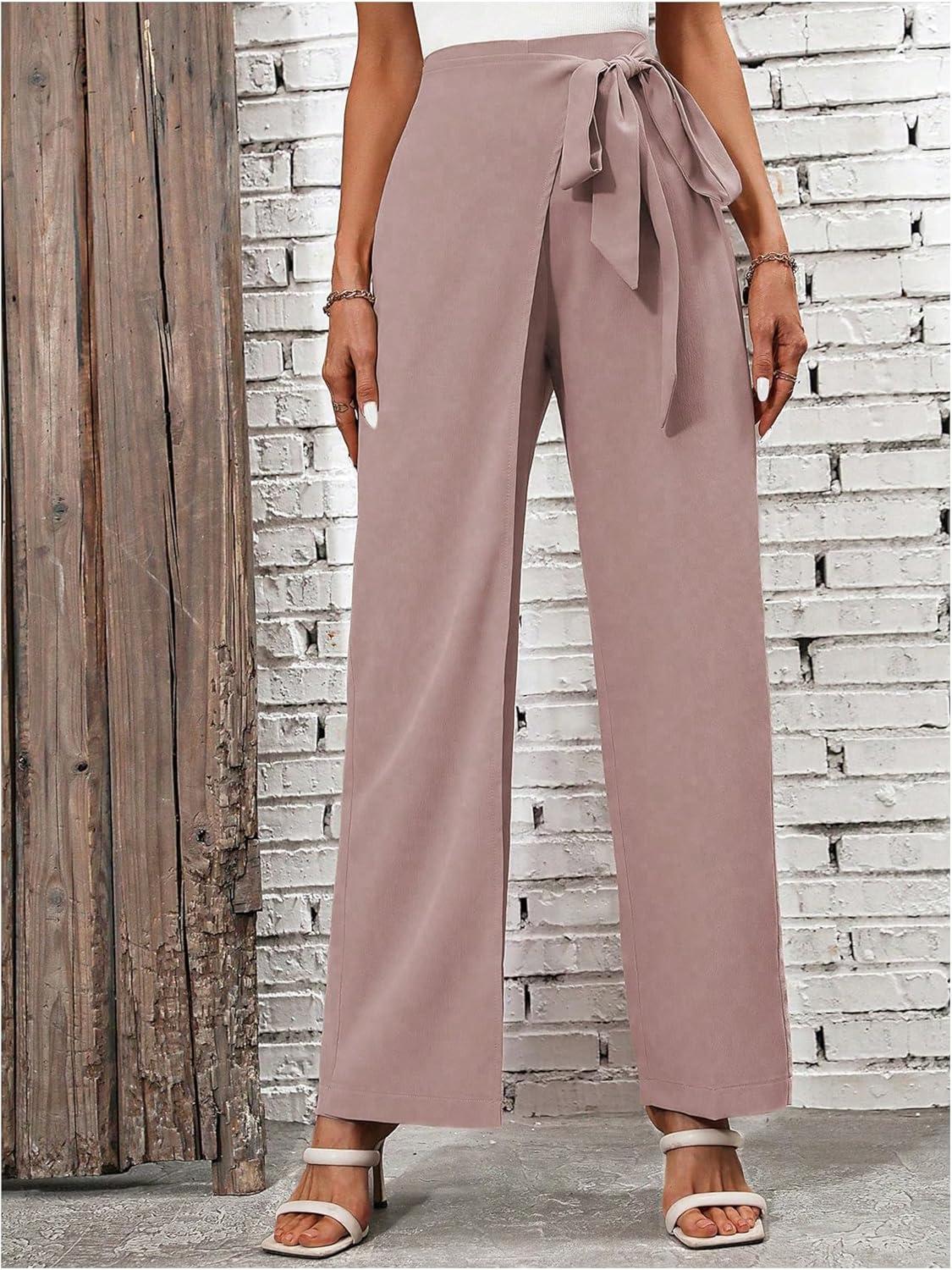 imageMakeMeChic Womens High Waist Trousers Straight Leg Bow Knot Work Office Suit PantsDusty Pink