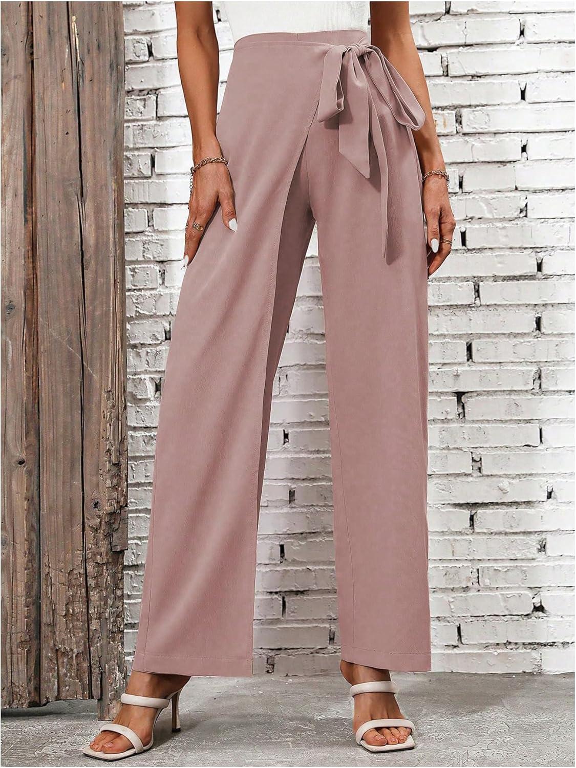 imageMakeMeChic Womens High Waist Trousers Straight Leg Bow Knot Work Office Suit PantsDusty Pink