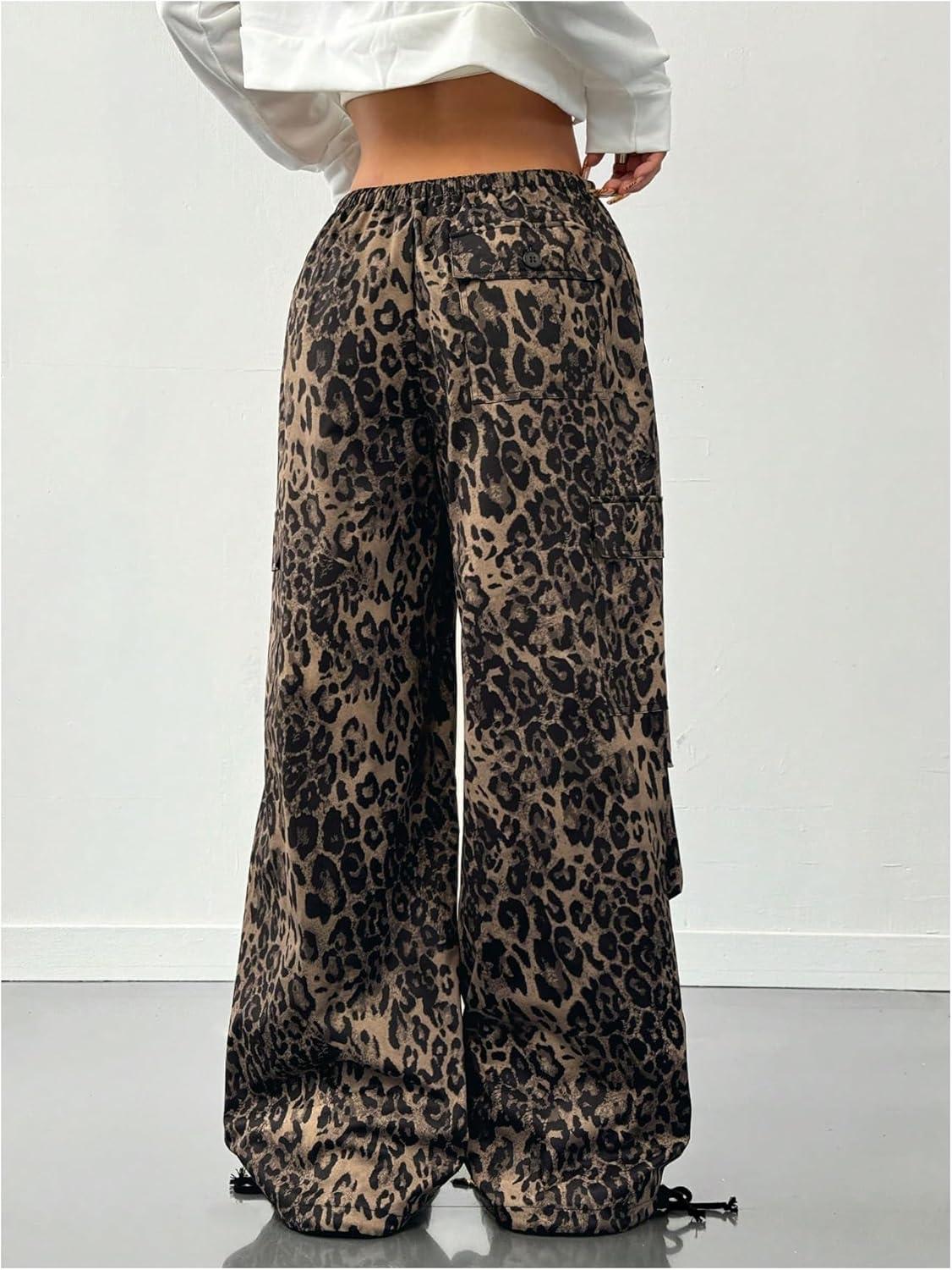 imageMakeMeChic Womens Leopard Cargo Pants Y2k Drawstring Waist Wide Leg Baggy Cheetah Print PantsBrown
