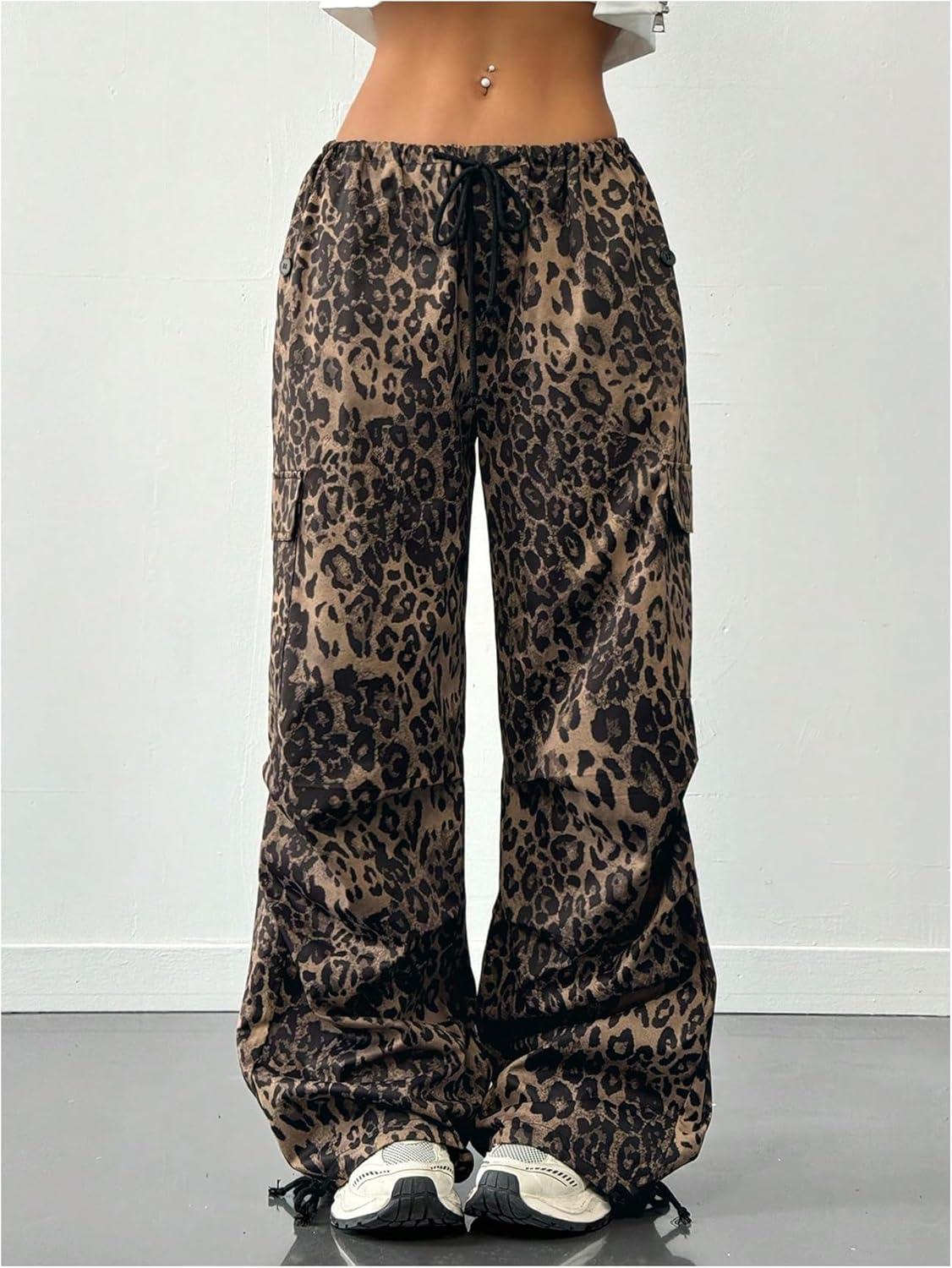 imageMakeMeChic Womens Leopard Cargo Pants Y2k Drawstring Waist Wide Leg Baggy Cheetah Print PantsBrown