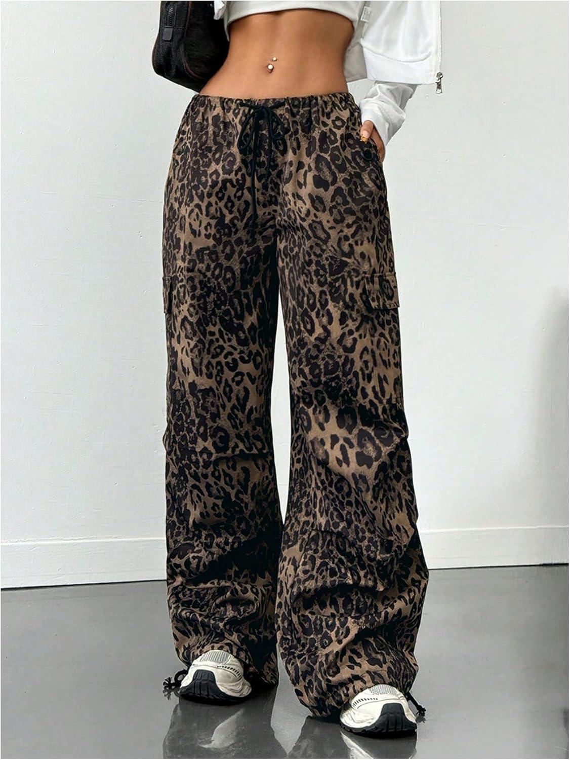 imageMakeMeChic Womens Leopard Cargo Pants Y2k Drawstring Waist Wide Leg Baggy Cheetah Print PantsBrown