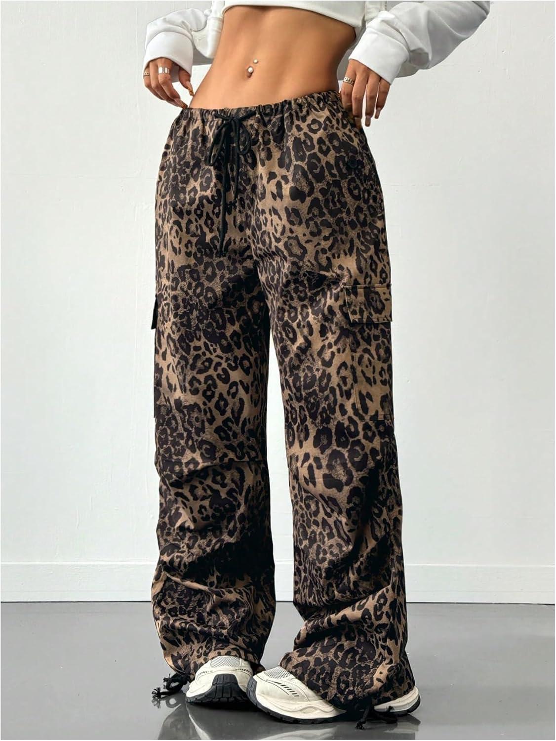 imageMakeMeChic Womens Leopard Cargo Pants Y2k Drawstring Waist Wide Leg Baggy Cheetah Print PantsBrown
