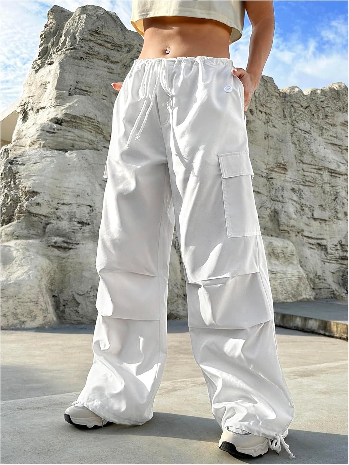 imageMakeMeChic Womens Leopard Cargo Pants Y2k Drawstring Waist Wide Leg Baggy Cheetah Print PantsWhite