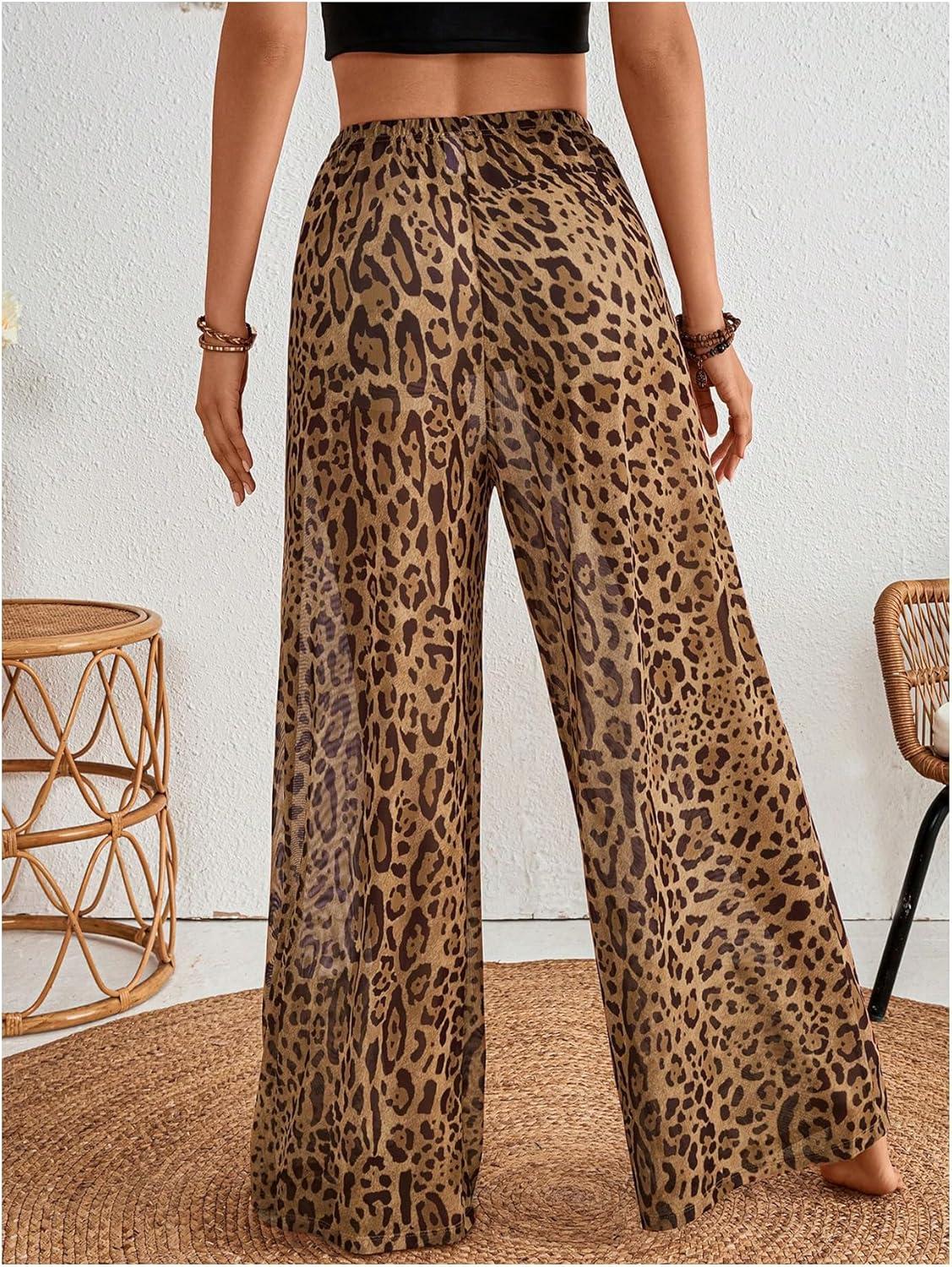 imageMakeMeChic Womens Leopard Print Pants Elastic Waist Lounge Pants Wide Leg Loose Long Pajama PantsBlack