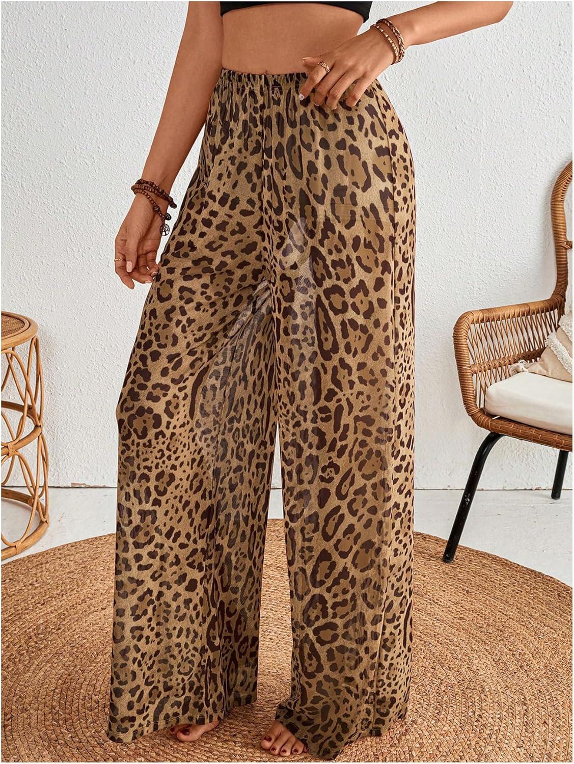 imageMakeMeChic Womens Leopard Print Pants Elastic Waist Lounge Pants Wide Leg Loose Long Pajama PantsBlack
