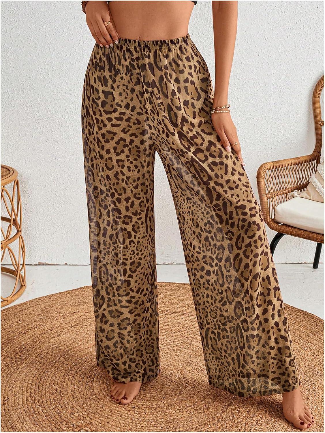 imageMakeMeChic Womens Leopard Print Pants Elastic Waist Lounge Pants Wide Leg Loose Long Pajama PantsBlack