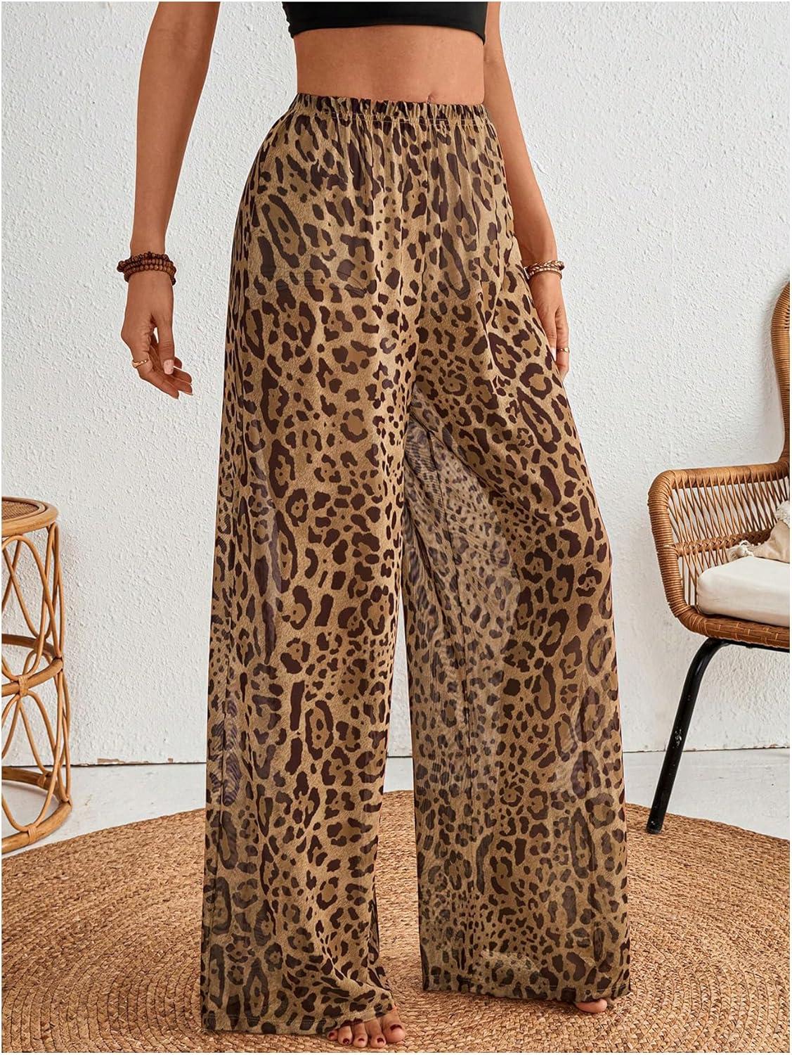 imageMakeMeChic Womens Leopard Print Pants Elastic Waist Lounge Pants Wide Leg Loose Long Pajama PantsBlack