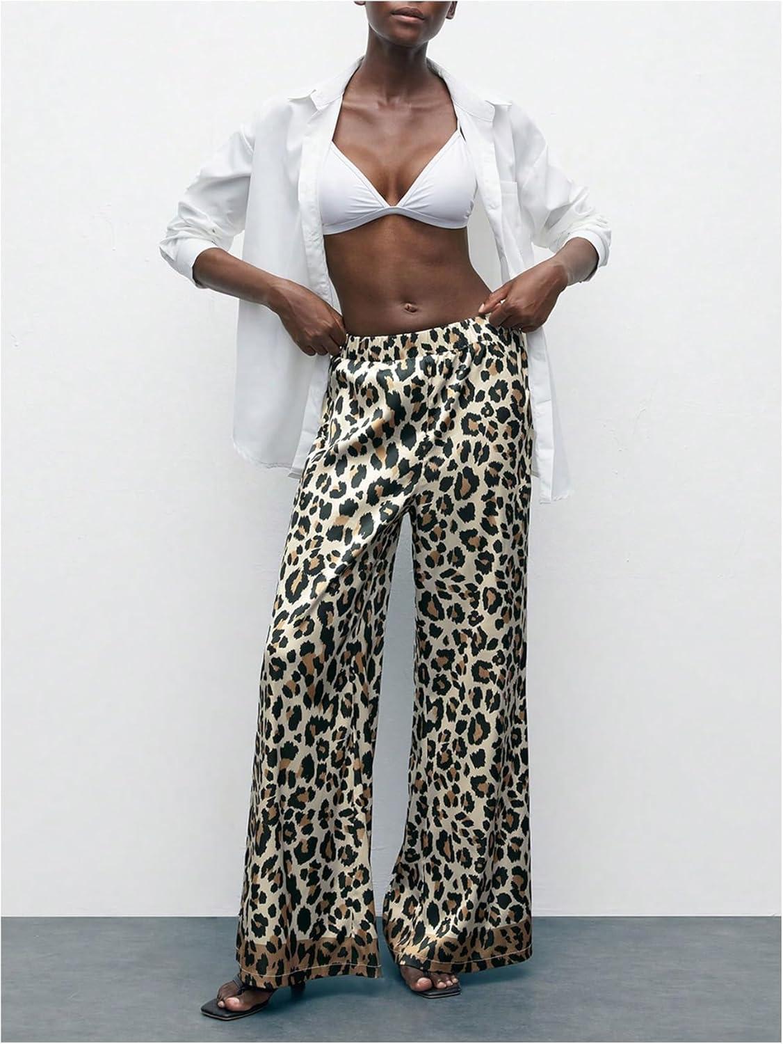 imageMakeMeChic Womens Leopard Print Pants Elastic Waist Lounge Pants Wide Leg Loose Long Pajama PantsKhaki