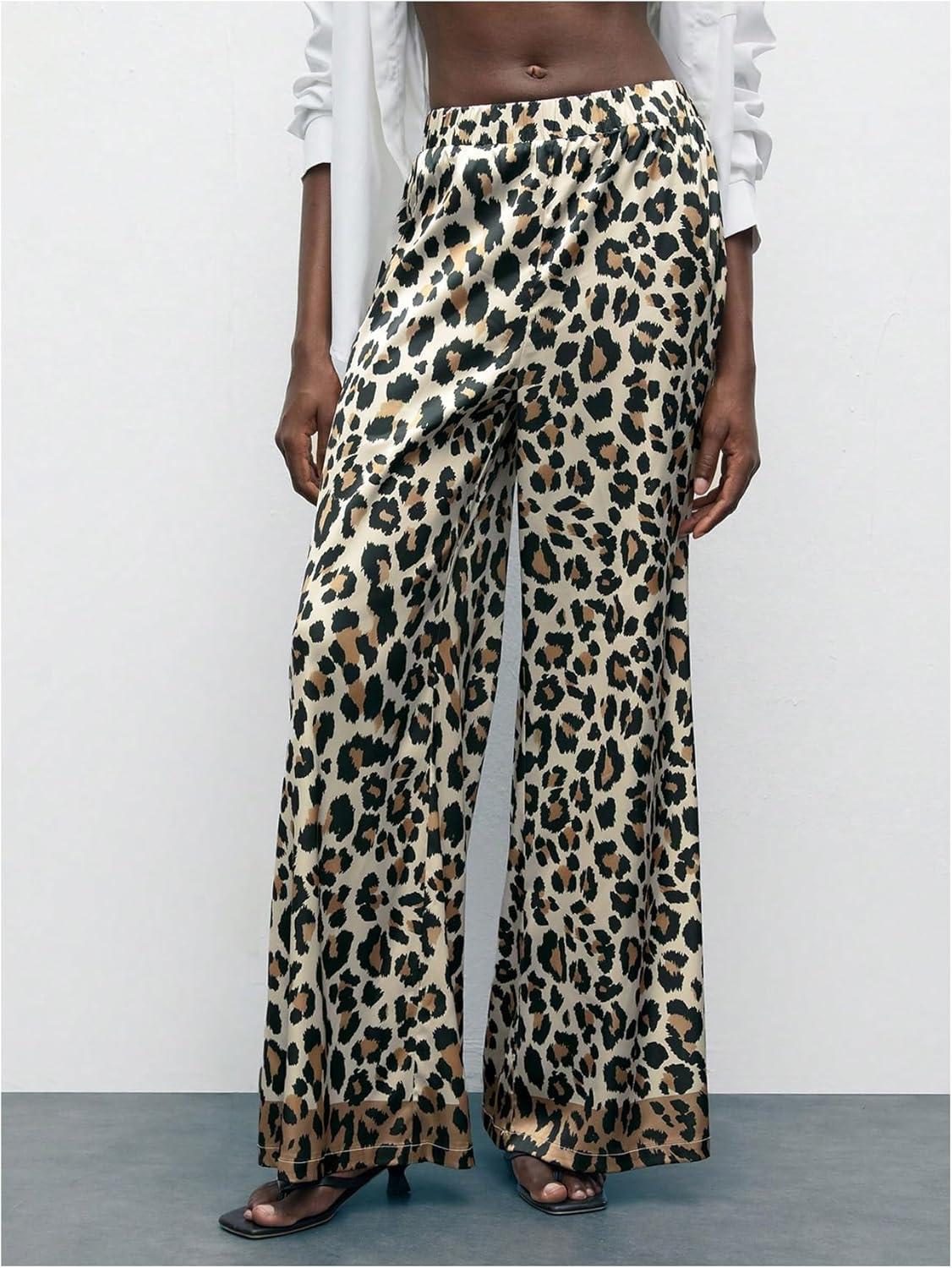 imageMakeMeChic Womens Leopard Print Pants Elastic Waist Lounge Pants Wide Leg Loose Long Pajama PantsKhaki