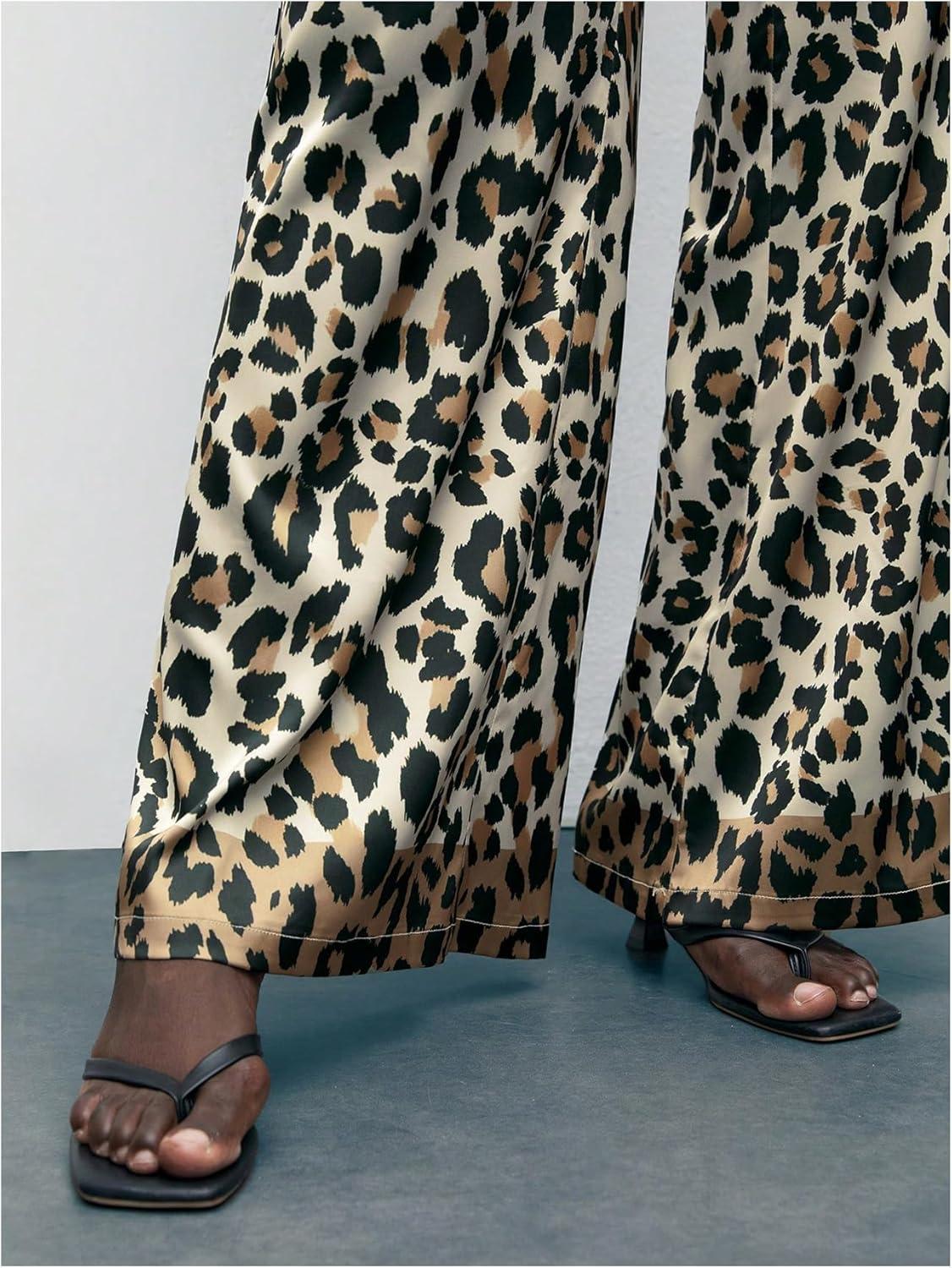 imageMakeMeChic Womens Leopard Print Pants Elastic Waist Lounge Pants Wide Leg Loose Long Pajama PantsKhaki