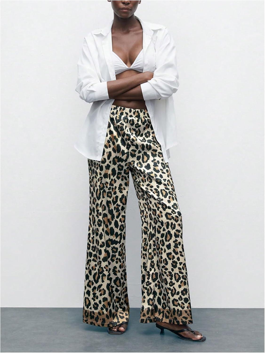 imageMakeMeChic Womens Leopard Print Pants Elastic Waist Lounge Pants Wide Leg Loose Long Pajama PantsKhaki