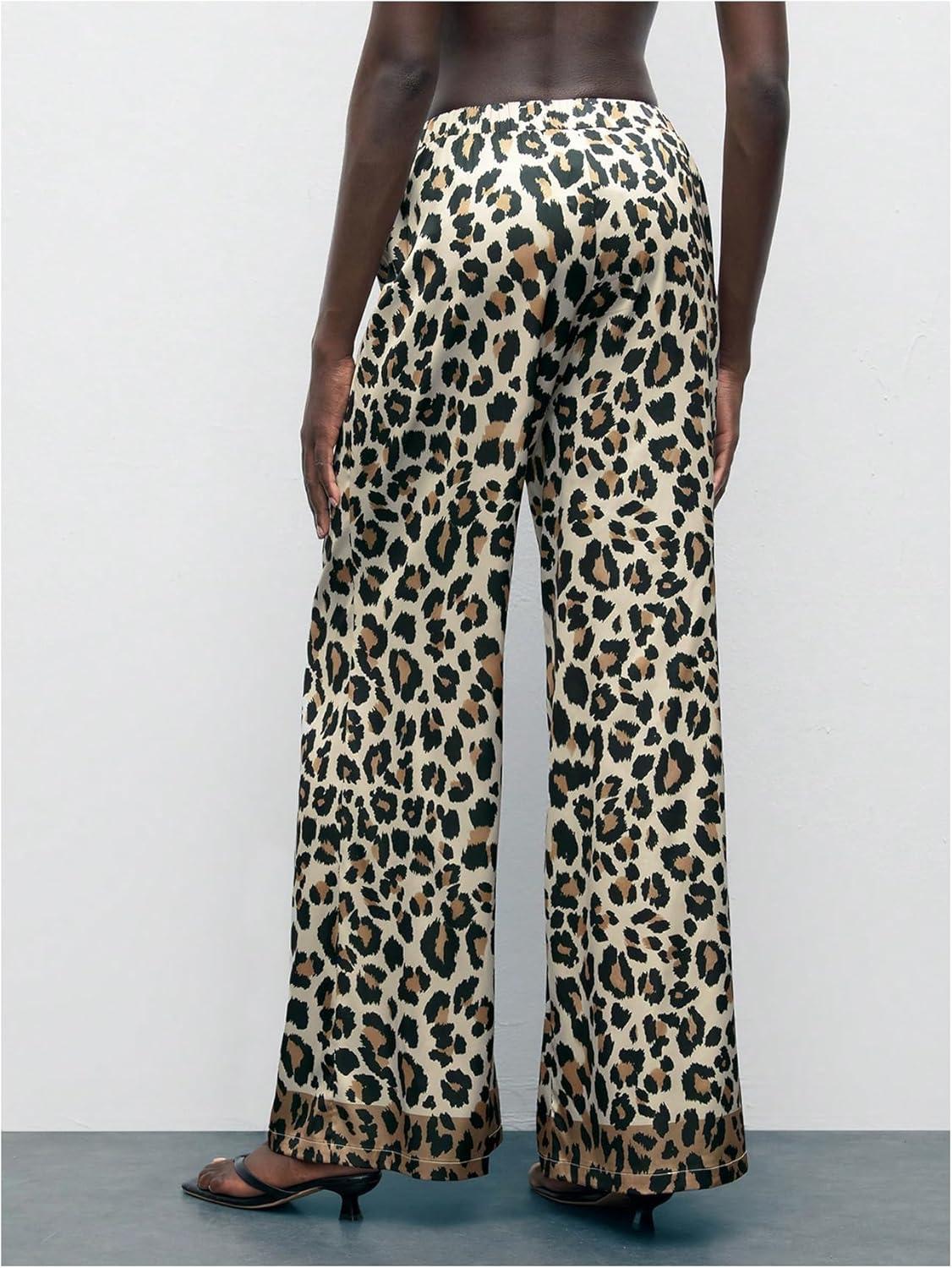 imageMakeMeChic Womens Leopard Print Pants Elastic Waist Lounge Pants Wide Leg Loose Long Pajama PantsKhaki