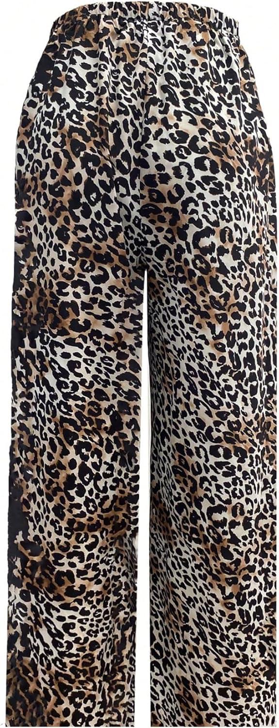 imageMakeMeChic Womens Leopard Print Pants Elastic Waist Lounge Pants Wide Leg Loose Long Pajama PantsKhaki B