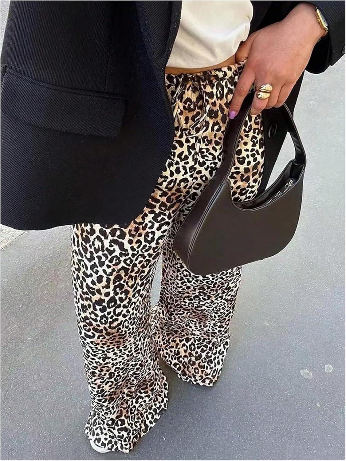 imageMakeMeChic Womens Leopard Print Pants Elastic Waist Lounge Pants Wide Leg Loose Long Pajama PantsKhaki B