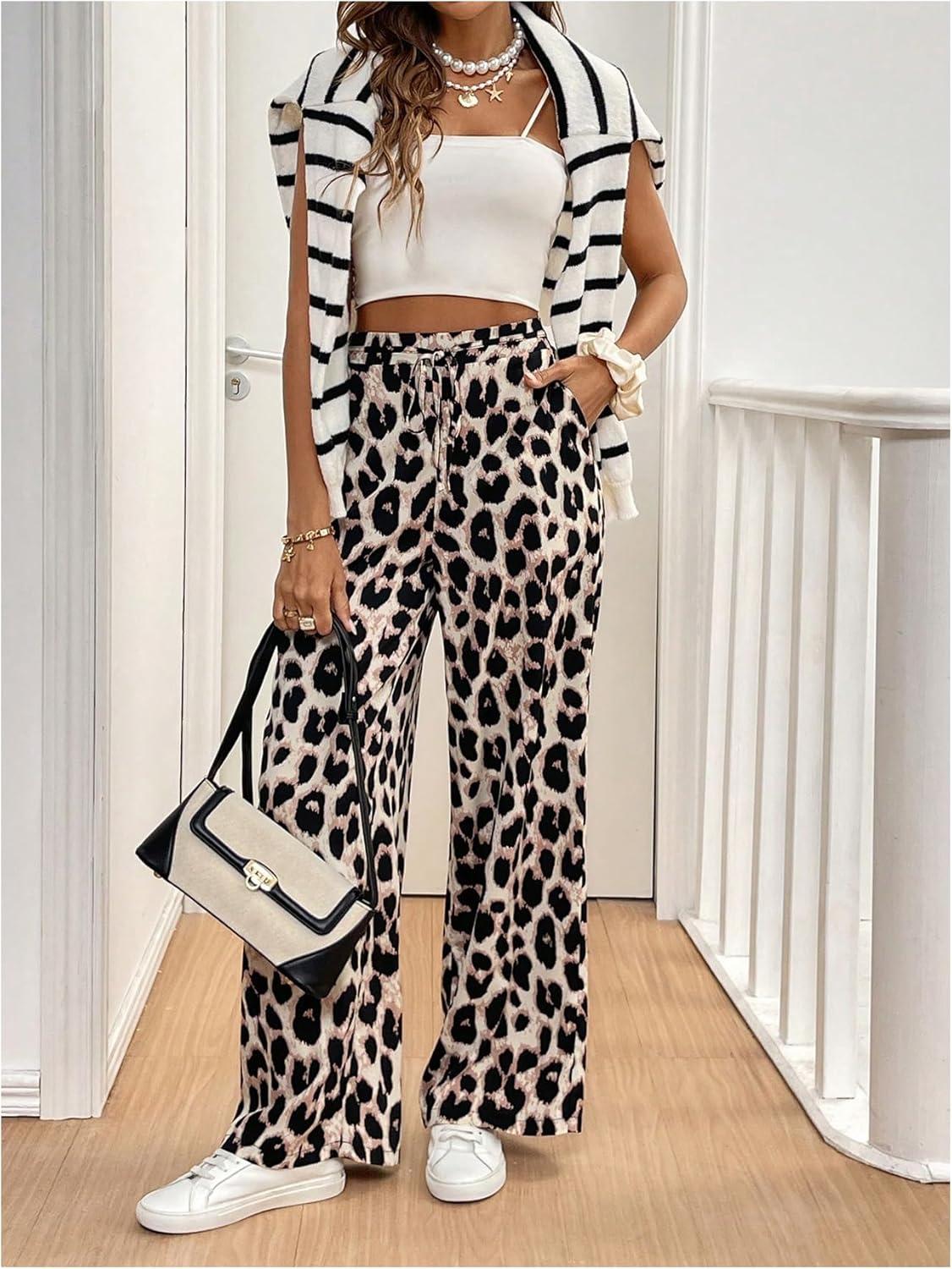 imageMakeMeChic Womens Leopard Print Pants Elastic Waist Lounge Pants Wide Leg Loose Long Pajama PantsMulticolor