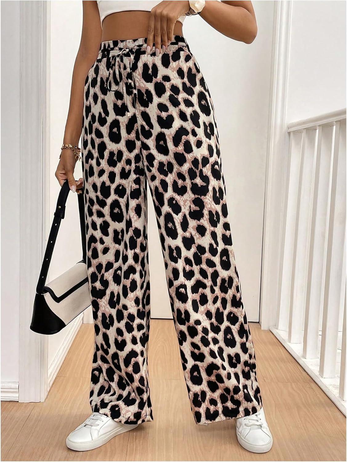 imageMakeMeChic Womens Leopard Print Pants Elastic Waist Lounge Pants Wide Leg Loose Long Pajama PantsMulticolor