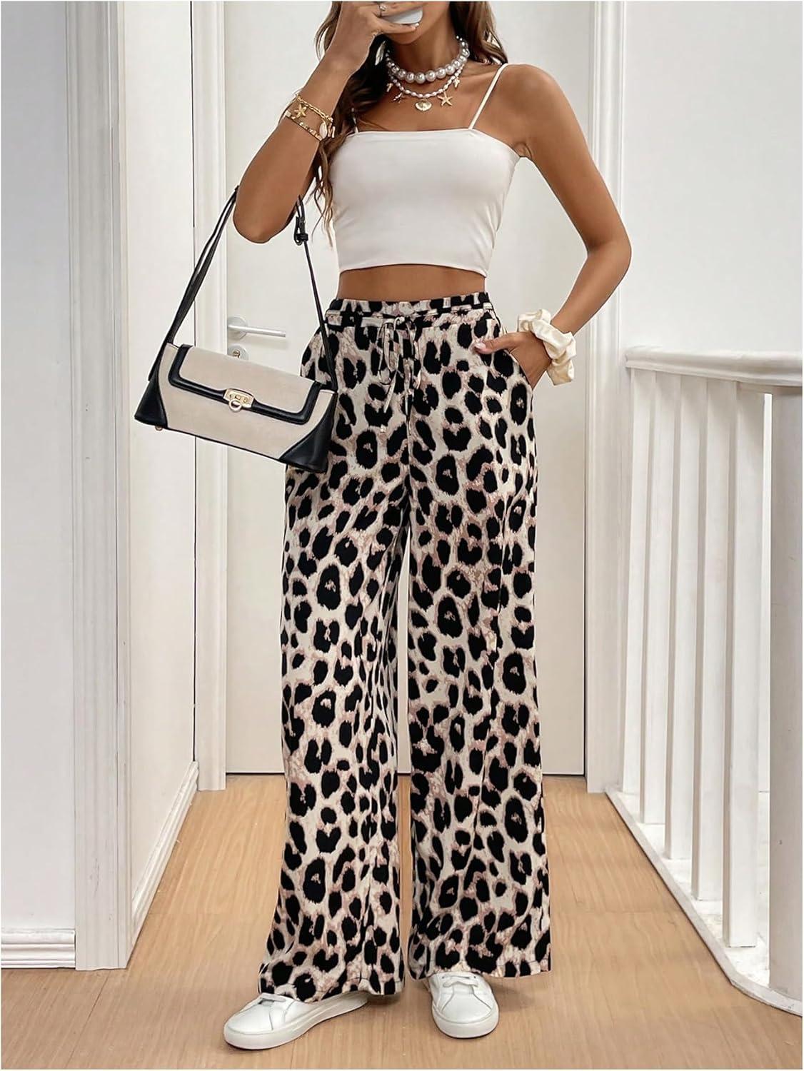imageMakeMeChic Womens Leopard Print Pants Elastic Waist Lounge Pants Wide Leg Loose Long Pajama PantsMulticolor