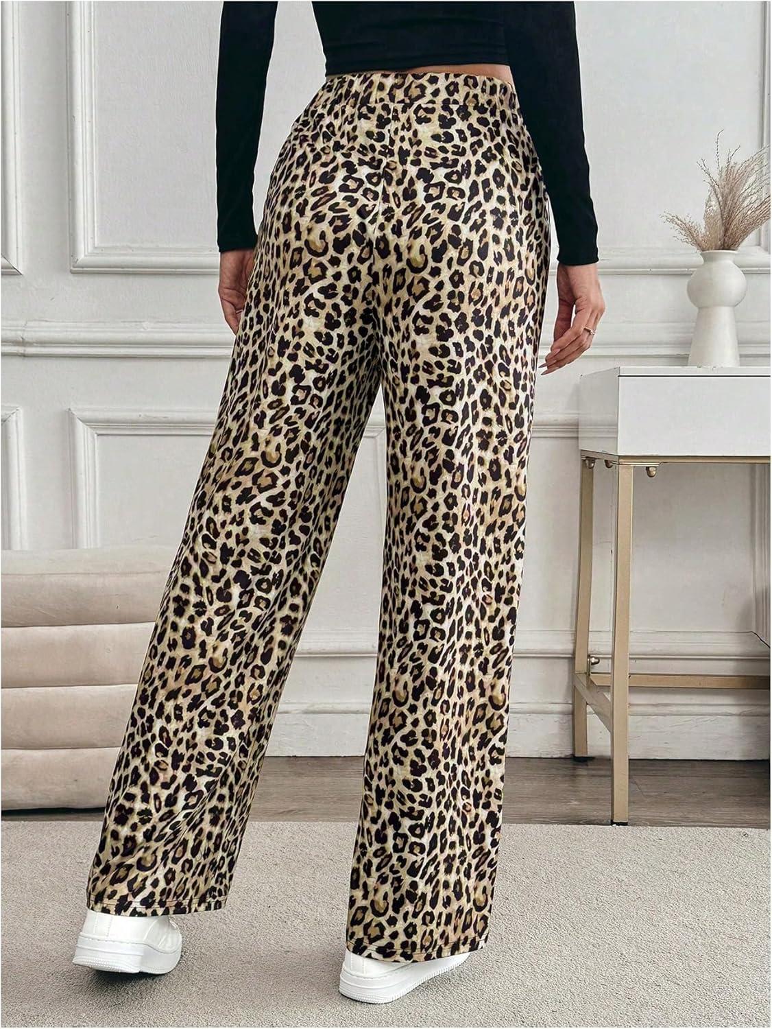 imageMakeMeChic Womens Leopard Print Pants Elastic Waist Lounge Pants Wide Leg Loose Long Pajama PantsMulticolor a