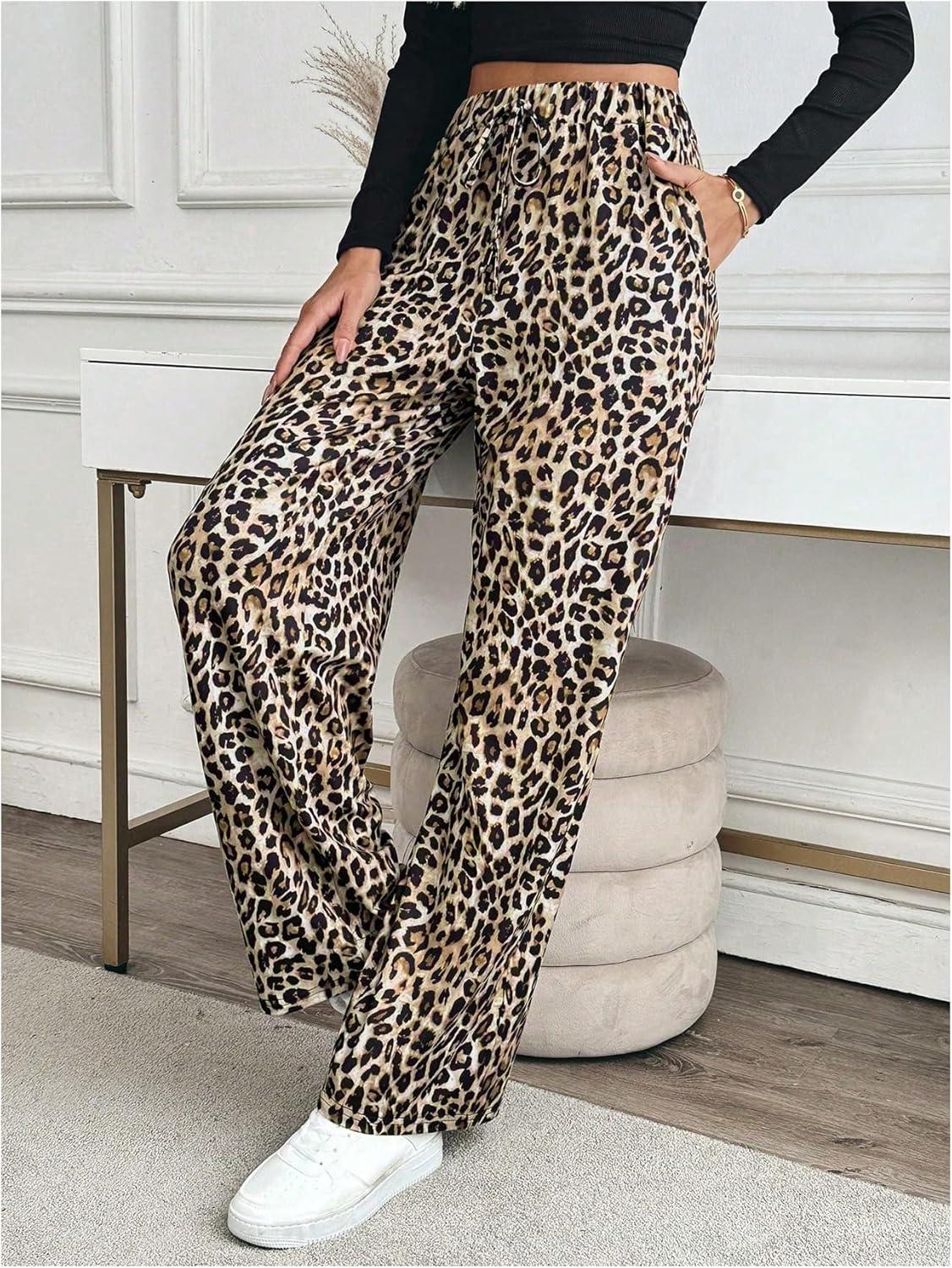 imageMakeMeChic Womens Leopard Print Pants Elastic Waist Lounge Pants Wide Leg Loose Long Pajama PantsMulticolor a