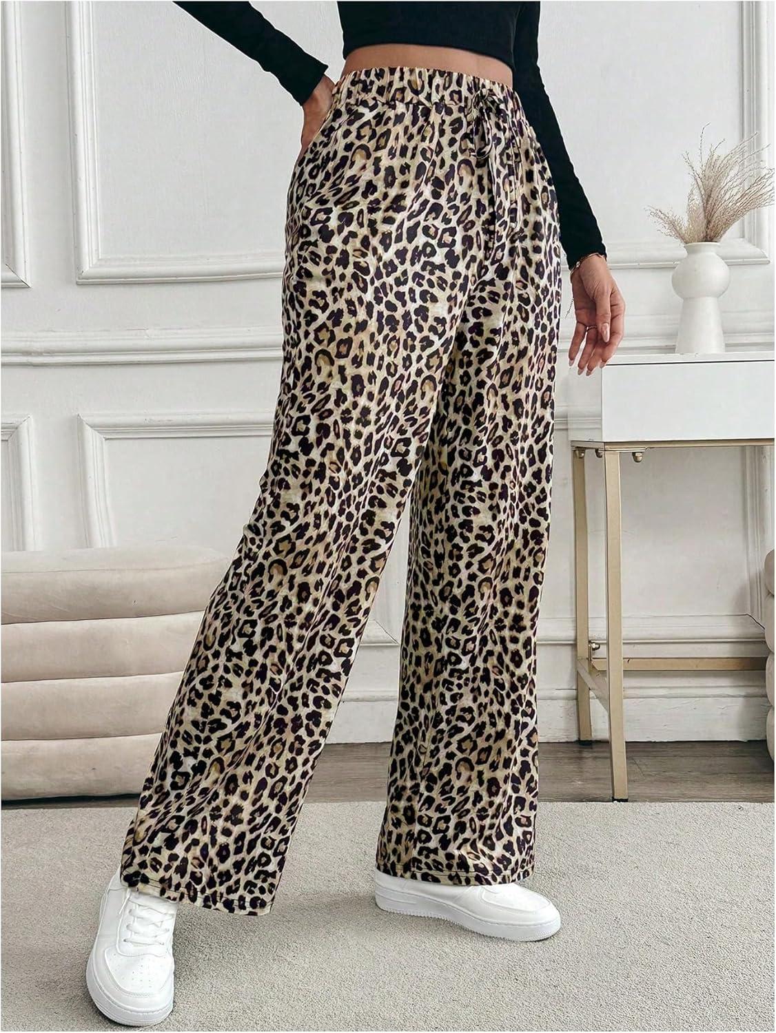 imageMakeMeChic Womens Leopard Print Pants Elastic Waist Lounge Pants Wide Leg Loose Long Pajama PantsMulticolor a