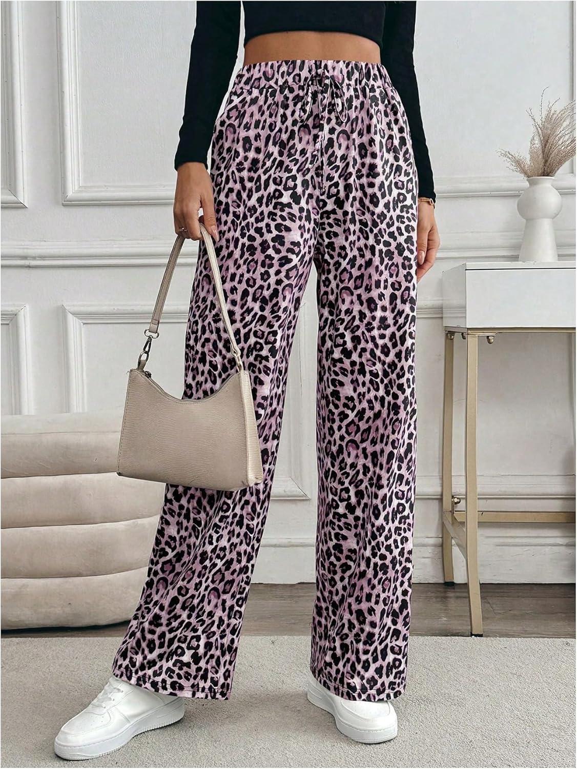 imageMakeMeChic Womens Leopard Print Pants Elastic Waist Lounge Pants Wide Leg Loose Long Pajama PantsPink