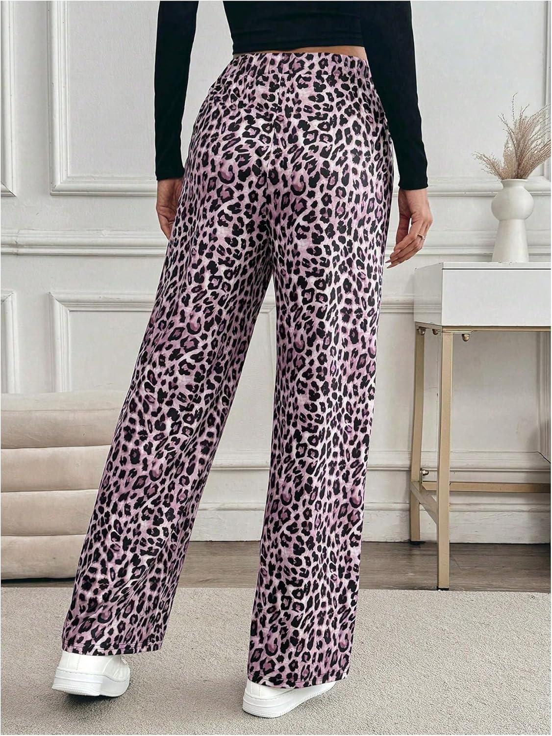 imageMakeMeChic Womens Leopard Print Pants Elastic Waist Lounge Pants Wide Leg Loose Long Pajama PantsPink