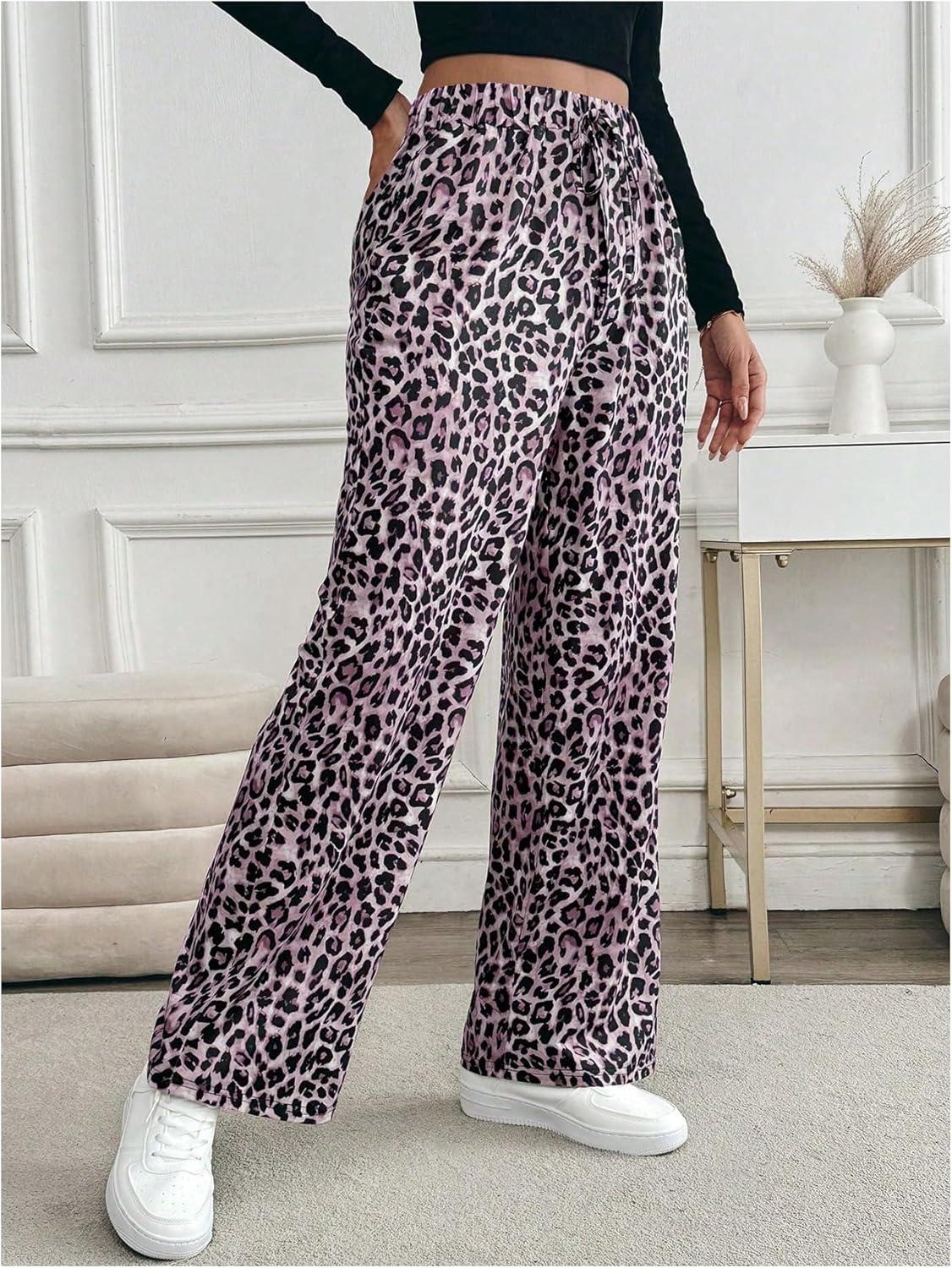 imageMakeMeChic Womens Leopard Print Pants Elastic Waist Lounge Pants Wide Leg Loose Long Pajama PantsPink