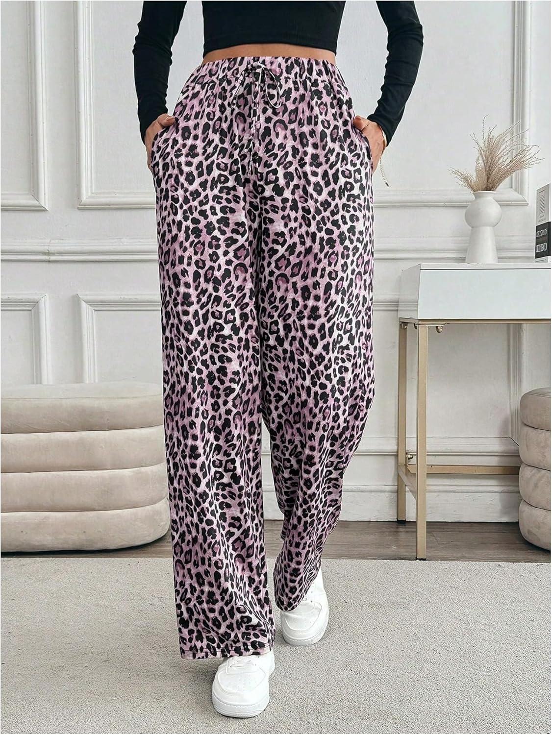 imageMakeMeChic Womens Leopard Print Pants Elastic Waist Lounge Pants Wide Leg Loose Long Pajama PantsPink