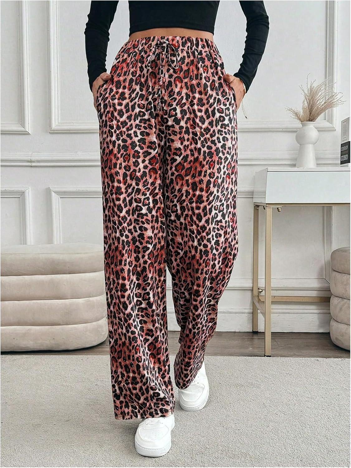 imageMakeMeChic Womens Leopard Print Pants Elastic Waist Lounge Pants Wide Leg Loose Long Pajama PantsRed