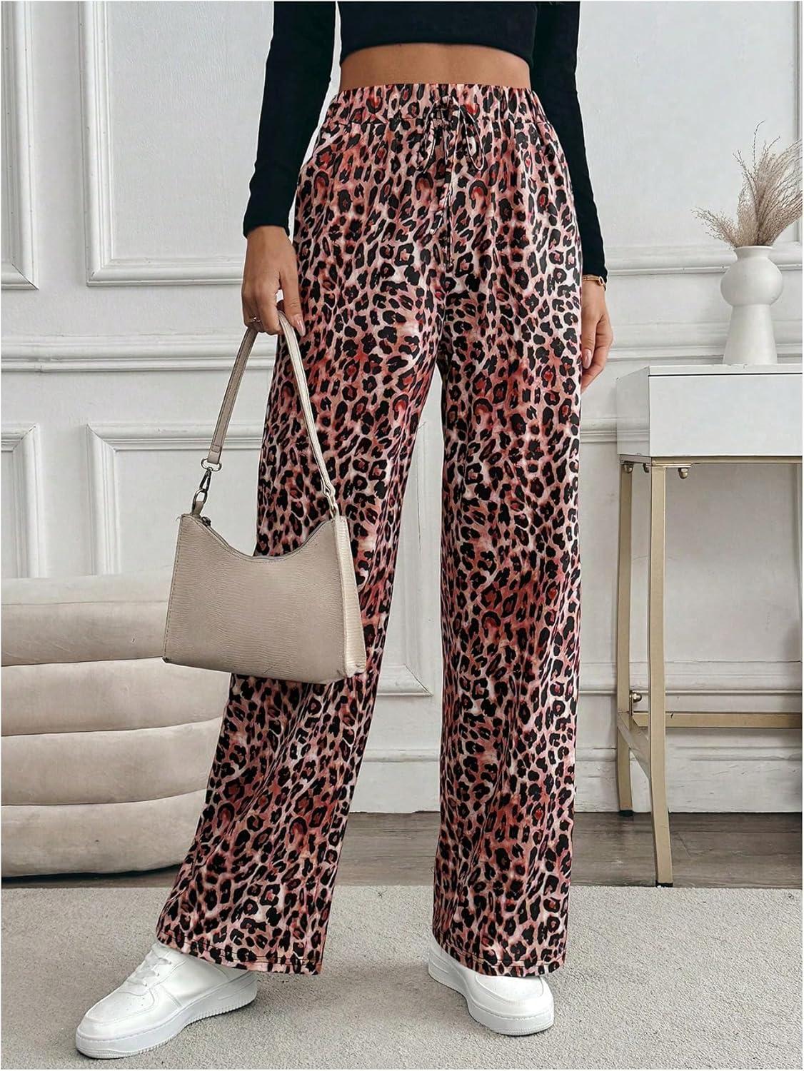 imageMakeMeChic Womens Leopard Print Pants Elastic Waist Lounge Pants Wide Leg Loose Long Pajama PantsRed