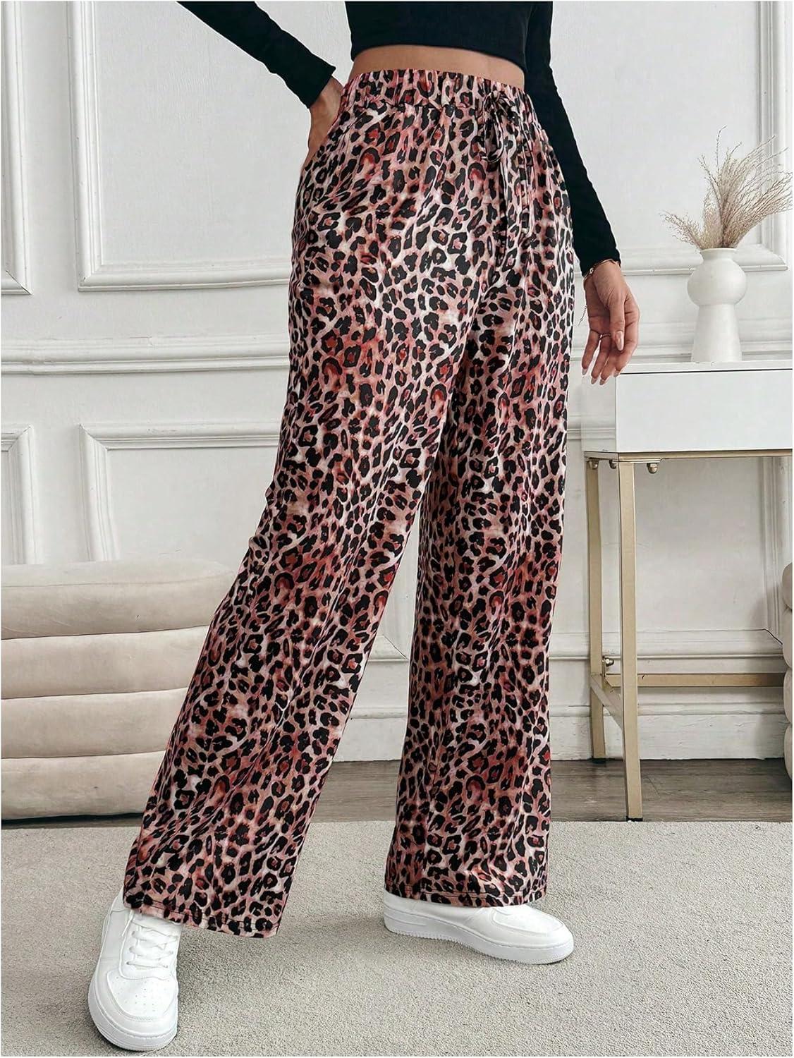 imageMakeMeChic Womens Leopard Print Pants Elastic Waist Lounge Pants Wide Leg Loose Long Pajama PantsRed