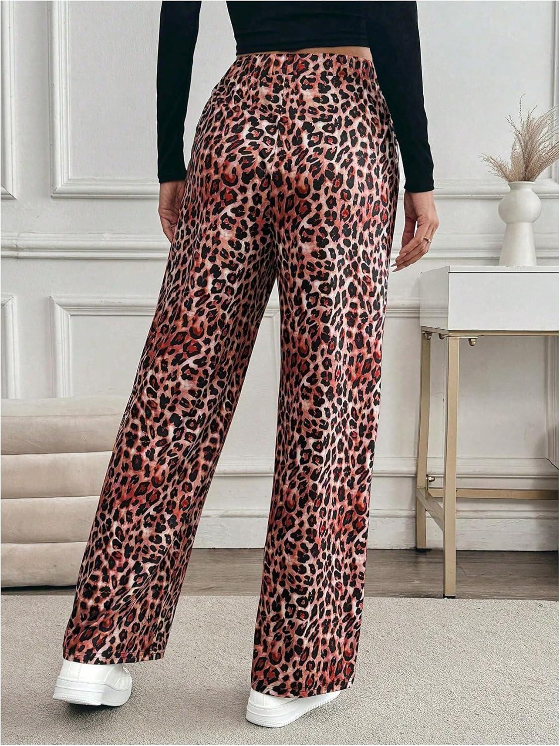 imageMakeMeChic Womens Leopard Print Pants Elastic Waist Lounge Pants Wide Leg Loose Long Pajama PantsRed